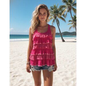 Y2K VTG Hollister Hot Pink Frilly Lace Top Coquette Lolita Indie Sleaze Fairy  M